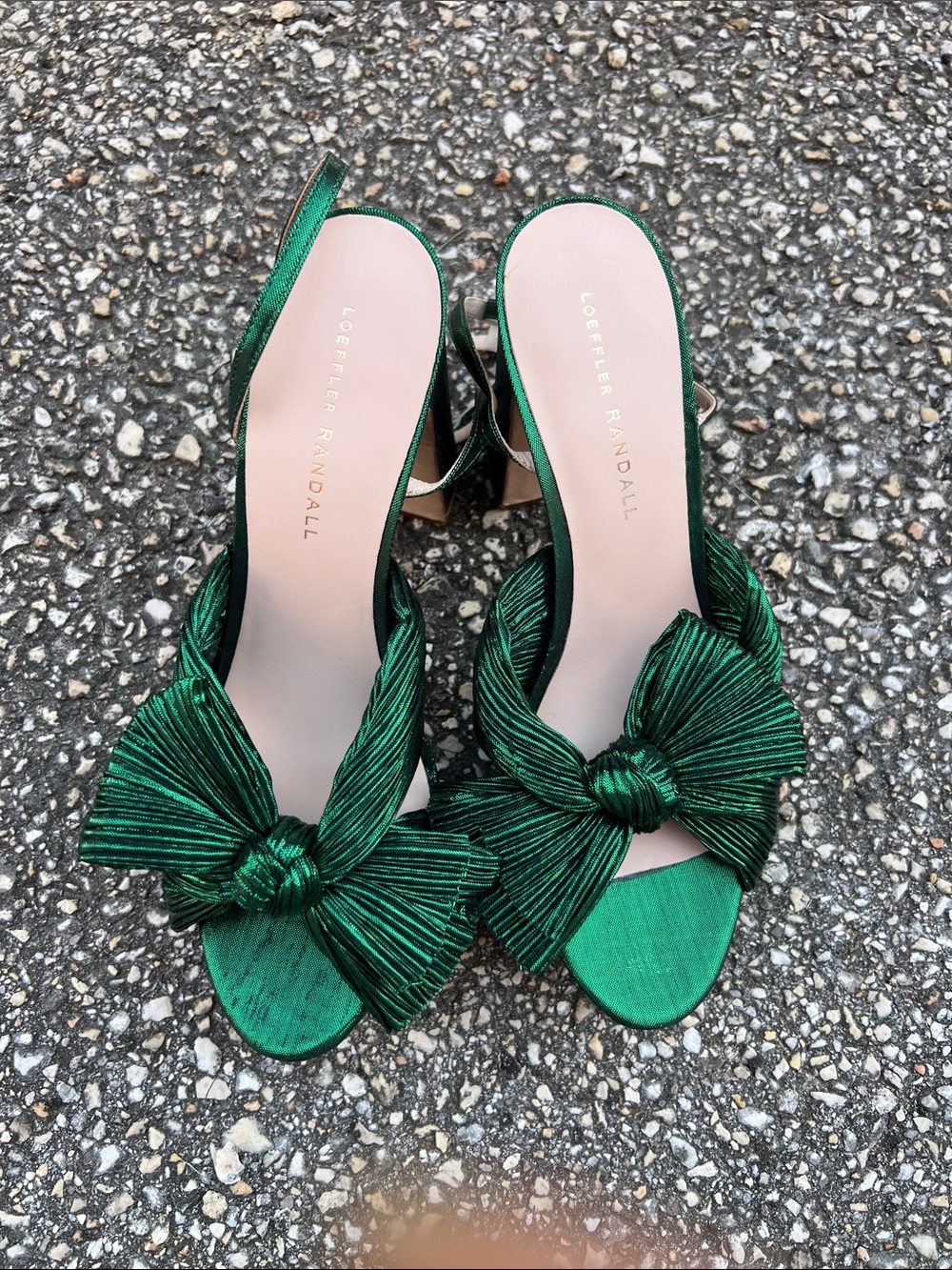 Loeffler Randall Emerald Green Knotted Bow Platform Sandal.  Buckles not opened